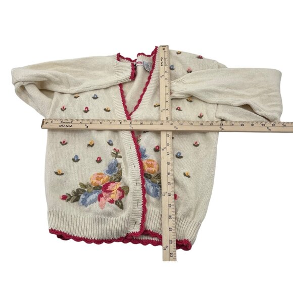 Lucia Petites Small Ivory Cardigan With Floral Embroidery & Pink Trim Vintage - Picture 3 of 4